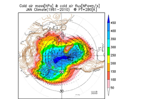 2208Kの温位面で決めた北半球における寒気質量（色）と寒気質量フラックス（矢印）。1981-2010年1月の気候値